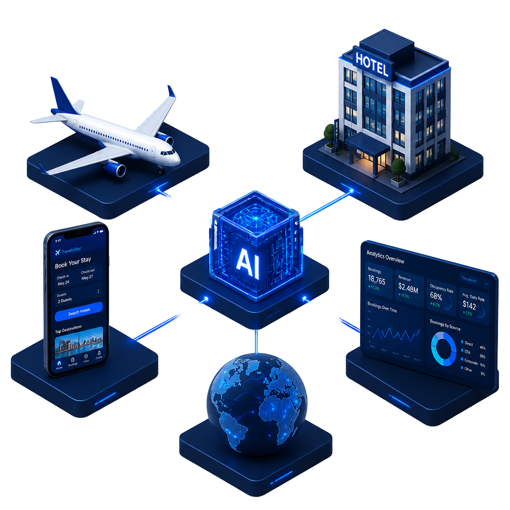 Ecossistema tecnológico de viagens: IA conectada a aéreo, hotel, app, dashboard e dados globais